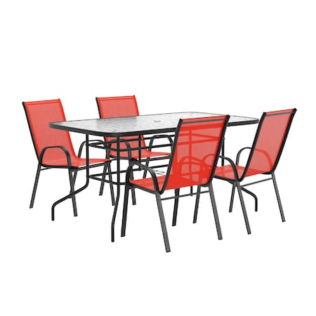 Flash Furniture Brazos 5 Pc Outdoor Patio Dining Set - 55in Tempered Glass Patio Tbl w/Umbrella Hole, 4 Red Chairs TLH-089REC-303CRD4-GG